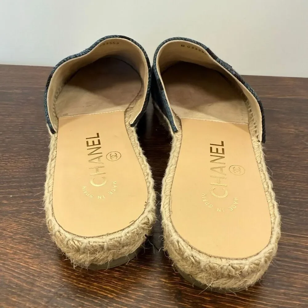 CHANEL Black and Blue Logo Espadrille Mules - Picture 2 of 10